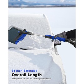 SEAAES 33 Inch Snow Brush and Ice Scraper for Car Windshield, Extendable Snow Scraper and Brush with Foam Grip for Truck SUV Vehicle Window - Blue