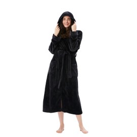 COOVA Women's Bathrobe Hooded,Lounge Sleepwear Robe Side Pockets,Warm and Cozy,Large Black