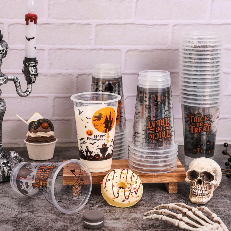 50Pcs 16Oz Halloween Plastic Cups Trick or Treat Witch Castle