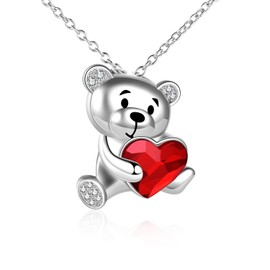Bear Necklace 925 Sterling Silver Red Crystal Bear Pendant Necklaces Cute Animal Bear Jewelry Gifts for Women Girls Daughter Bear Lovers