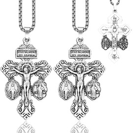 Pardon Cross Necklace with Stainless Steel Rosary Beads, Christian Easter Gifts, Cruz Del Perdon Catolica with St Benedict and Milagrosa Medal,Rood Del Perdon,Regalo Religioso Católico De Para Hombres Y Mujeres