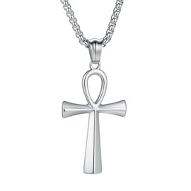 Yaumatea Men's Stainless Steel Coptic Ankh Cross Religious Pendant Necklace, 22+2" Link Chain
