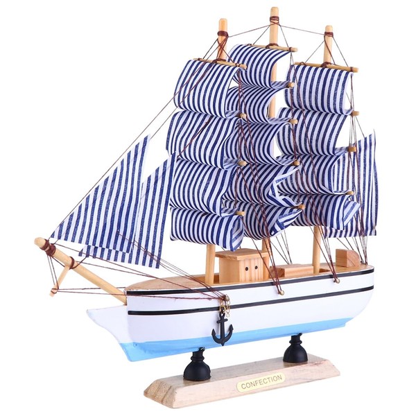 Veemoon Sailing Yacht Boat Wooden Model Wood Ship Handcrafts 24cm Wooden Sailboat Centerpiece for Home Beach House Ocean Theme Party Nautical Mediterranean Decor Sky- Blue