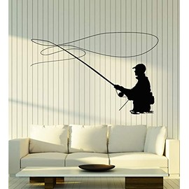 Vinyl Wall Decal Fishing Rod Fisherman Catch Fish Hobby Stickers Mural Large Decor (g5058) Black