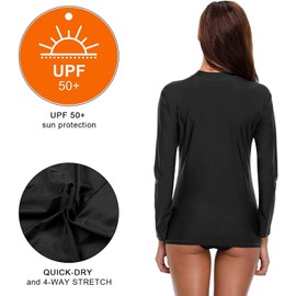 Charmo Women Zip Long Sleeve Rash Vest UPF 50+ Rashguard Shirts Swimwear Tops Black/Grey M