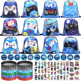 Video Game Party Favours , Including Video Game Theme Boy Video Game Bags Drawstring Goodie Treat Bags, Wristbands, Badge,Tattoo Stickers, for Classroom Prizes Boys Kids Birthday Party Supplies