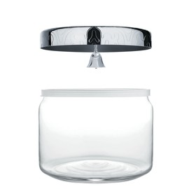 Alessi"Dressed" Cookie Jar in Glass Lid in 18/10 Stainless Steel Mirror Polished With Bell And Relief Decoration, Silver