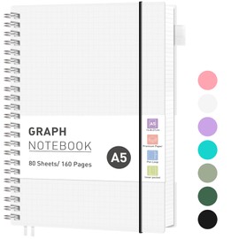 RETTACY A5 Notebook Grid Graph Paper, Spiral Notebook 160Pages/80 Sheets Journal for Women Men,Notepad with 100gsm Paper for Writing,PVC Pocket, Pen Loop, Ruler, Bookmark,14.5 x 20.7cm- Transparent