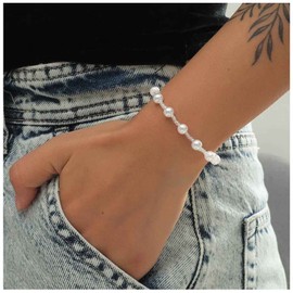 Allereya Boho Station Pearl Bracelet Pearl Chain Bracelet Tiny Pearl Beads Bracelet Crystal Stone Bracelet Hand Chain Jewelry for Women and Girls