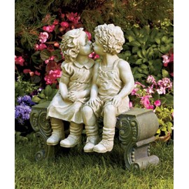 Cute Garden Smooching Children Boy Girl Sitting on Bench Statue Whimsical Flowerbed Yard Outdoor Sculpture Decor