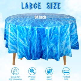 Hallswl 3 Pcs Round Ocean Waves Tablecloths Disposable Plastic Ocean Blue Table Cloth Round Table Covers for Under The Sea Beach Surf Ocean Pool Party Birthday Party Decorations, 84 Inch