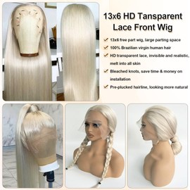 Platinum Blonde Lace Front Wig Human Hair 13x6 HD Transparent Lace Frontal White Blonde Pre Plucked Natural Hairline for Black Women 180% Density Straight Wear and Go Glueless Wigs Human Hair 22 Inch