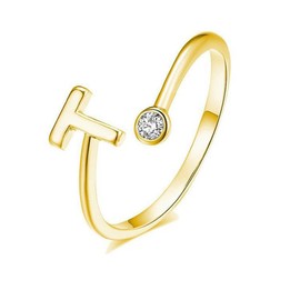 Initial Letter Ring for Women girlsGold A-Z Letter Ring Stainless Steel Adjustable Opening Ring Dainty Inlaid Crystal Jewelry Stocking Stuffers (Gold-T)