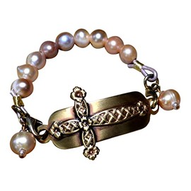 Satin Antiqued Brass Decorative Cross Interchangeable Rockband Bracelet - Pink Pearls Charmed
