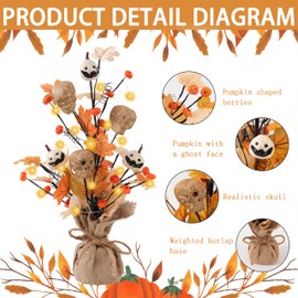 18Inch Lighted Fall Tree Fall Table Decor with 20 LED Battery Operated Faux Pumpkin Maple Leaf Berry Skull Burlap Base Artificial Fall Trees for Fall Table Centerpieces Home Indoor