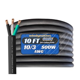 WindyNation 10 Feet 10/3 10 AWG SOOW SO Cable Cord Wire - 10 Gauge 3 Conductor 600V Portable Power Extension Cord Cable for EV Chargers, Motor Leads, Portable Lights, and Battery Chargers