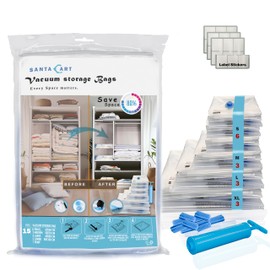 Santa Cart 15-Pack Vacuum Storage Bags for Clothes, Blanket, Comforter, Travel, Hand Pump, Space Saving, Airtight, Reusable Plastic Storage Bags