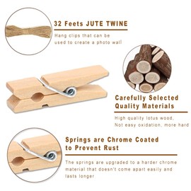 1.35 Inch Mini ClothesPins for Photo【100 Pcs】 with 32 Feet Jute Twine，Mini Clothes Pins for Crafts,Wooden Small Clothes Pins for Pictures,Tiny Decorative Clothespins for Baby Shower(Natural Color)