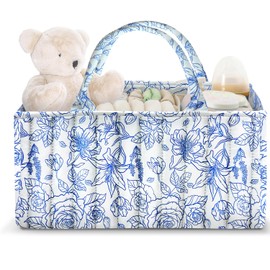 Lunriwis Floral Wickeltisch Organizer,Baby Wickelkommode Organizer,Windeltasche mit Fächern und Griffen, Newborn Baby Essentials,Geschenkkorb für Wickelkinder（blau）