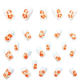 Short Press on Nails Square Fake Nails Medium French Tip with White Red Flowers Designs Full Cover False Nails Glue on Nails Cute Acrylic Thick Stick on Nails for Women Nails Art 24Pcs Y530