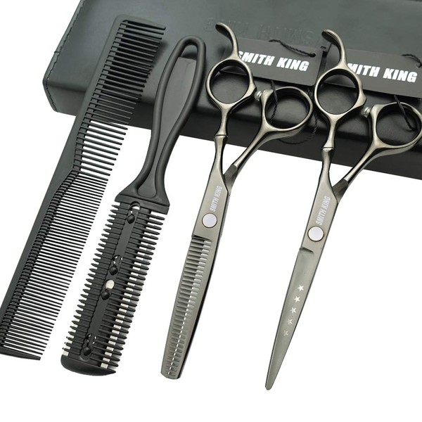 6.0 Inches Hair Cutting Scissors Set with Combs Lether Scissors Case,Hair cutting shears Hair Thinning shears For Personal and Professional (Bright black)