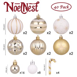 NoelNest Christmas Ball Ornaments Set, 40ct White and Gold Shatterproof Christmas Tree Decorations Ball Ornaments, Elegant Hanging Ornaments for Xmas Trees Holiday Party Decor