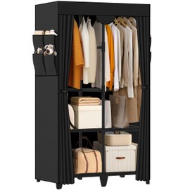 Jofuler Wardrobe Closet, Quick and Easy Assembly, Black Portable Closet with 2 Hanging Rods 4 Storage Shelves and 8 Side Pockets, Sturdy and Stable Clothes Rack with Cover, for Bedroom and Dormitory
