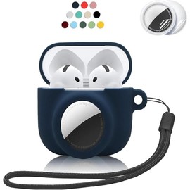 2 in 1 Silicone Case Compatible with AirPod 4 and AirTag,Anti-Scratch Anti-Lost Protective Skin Cover for AirPods 4th Generation with 2 PCS TPU Screen Protector&Lanyard - Color: Dark Blue