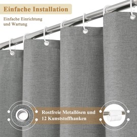EurCross Linen Textured Grey Shower Curtain 180 x 200 cm for Bathroom, Heavy Waterproof Fabric Shower Curtains, Luxury Anti-Mould Washable Textile Bathroom Curtain with 12 Rings