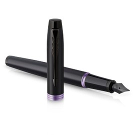 PARKER IM Vibrant Rings Fountain Pen | Satin Black Lacquer with Amethyst Purple Accents | Fine Point with Blue Ink Refill | Gift Box