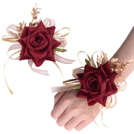 URROMA Wrist Corsage Boutonniere Set, 2Pcs Red Rose and Yellow Ribbon Artificial Corsage Flower Bracelet Prom Party Homecoming Wristband Flowers