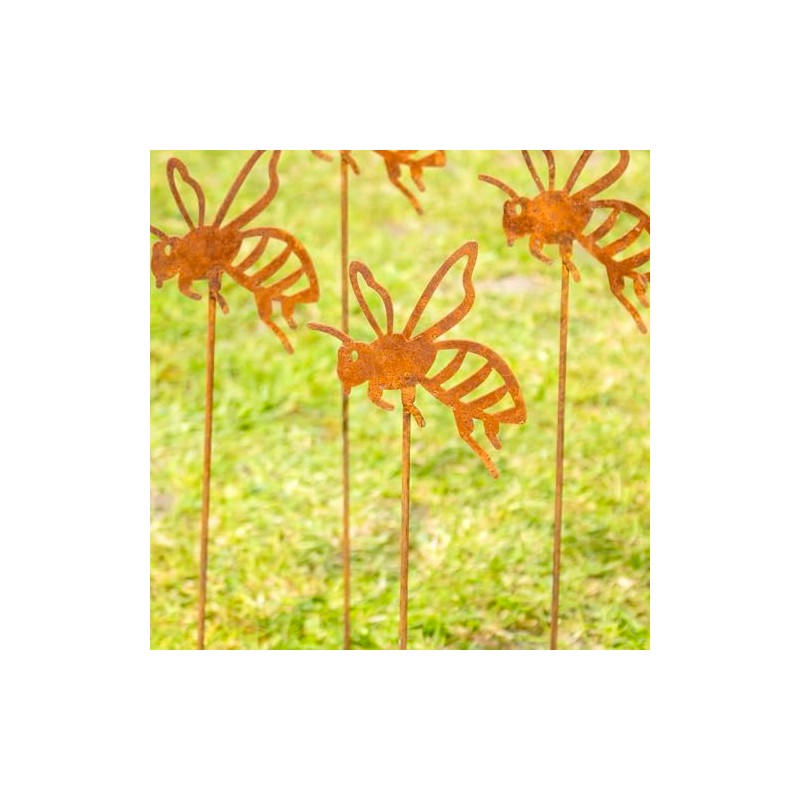Set Of 4 Rusty Bee Garden Stakes 8x38cm Steel Metal