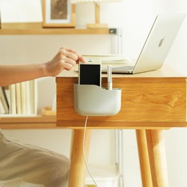 SUNFICON Adhesive Remote Control Holder Universal TV Remote Organizer Caddy Box Tray Wall Mount Media Player Controller Holder Hollow Bottom Slot Easy Phone Charging Home Office Desk Nightstand Gray