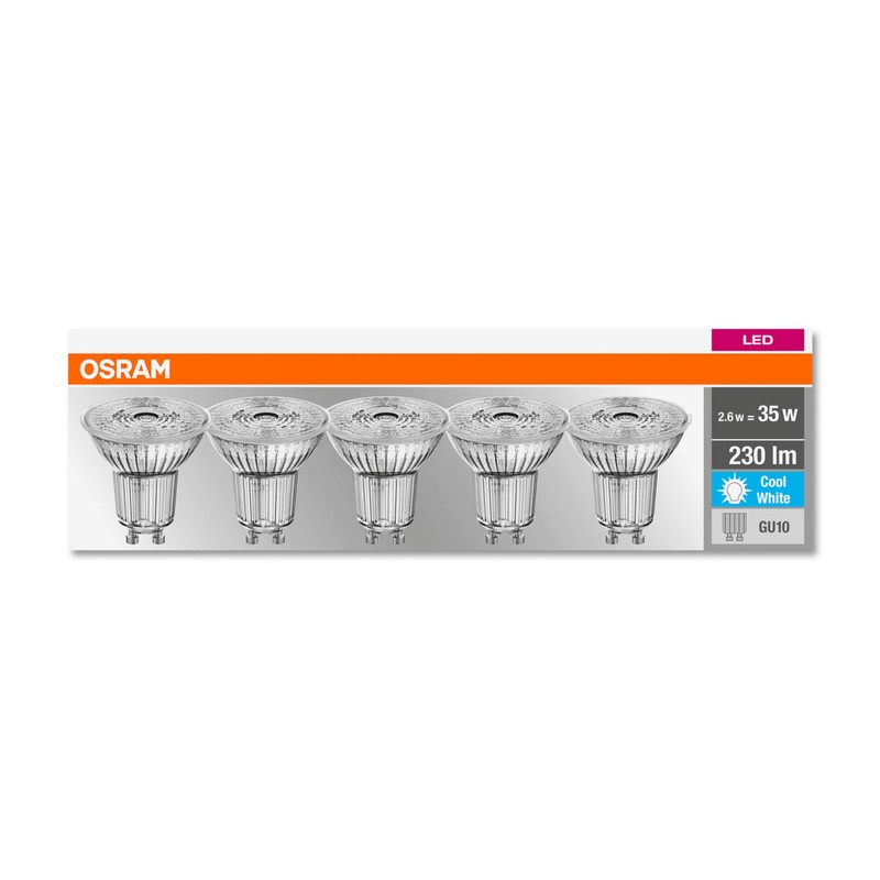 OSRAM LED Base PAR16, Socket: GU10, Non-Dimmable, Cool White, Replaces