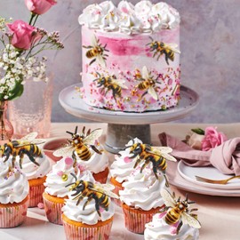 Cyodoos 40 PCS Edible Bumble bee Cupcake Toppers Wafer Paper Bumble Bee Party Drink Topper Decorations for Kids Girls Birthday Baby Shower Honey Bee Themed Party Supplies