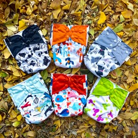 Castle Cat Adjustable Washable Reusable AWJ Side Leakage Prevention 6pcs All in One Cloth Diaper Packed with 12pcs Inserts 2pcs Wet Dry Bags for Baby Girls and Boys (Boy Prints 06)