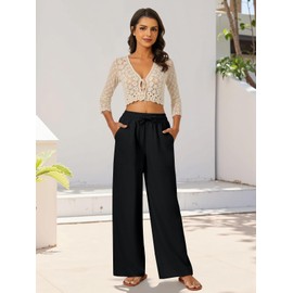 FireSwan Womens Palazzo Pants Casual Drawstring Flowy Pants Wide Leg Summer Beach Linen Trousers with Pockets Black