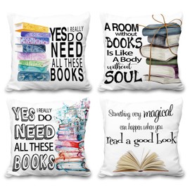 Aoihrraan 18 x 18 Inch Book Cushion Covers Need All These Books White Soft Short Plush Square Throw Pillow Covers Decor For Read Room School Office Sofa Library Outdoor Garden Couch, 45x45cm Set of 4