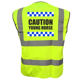 Equestrian SILLITOE CAUTION YOUNG HORSE Hi Viz Vis Vest Horse Riding Equine Safe Reflective Waistcoat Jacket Road Safety Visibility Large