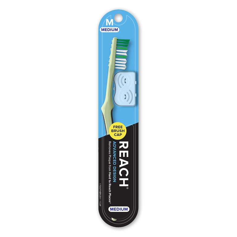 REACH Advanced Design Toothbrush with Toothbrush Cap, Angled Neck, Medium