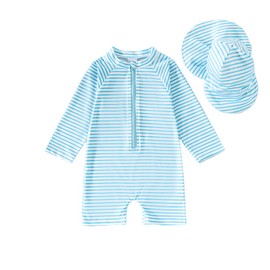 Baby Boys' One Piece Swimsuits Toddler Swimwear with Rash Guard Infant Bathing Suit for Boys Swim Sun Hat Set (US, Age, 3 Months, 6 Months, Stripe)