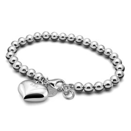 H&Beautimer Italian Collection 925 Sterling Silver 4-10MM Bead Chain Bracelet - Rose Gold & Silver, 6.3 Inch, Heart Pendant, Lobster Claw Clasp