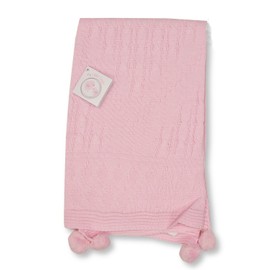 My Little Chick Knitted Baby Wrap Blanket with Pointelle Pattern and Pom-Poms (Pink)