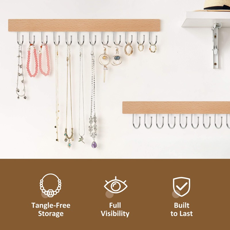 ZEDODIER 2 Pack Necklace Organizer Wall Mount, Wooden Jewelry Hanger