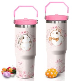 30oz Bunny Tumbler with Handle and Flip Straw, Rabbit Stainless Steel Vacuum Insulated Cup, Travel Mug Water Bottle, Easter Gifts for Women Bunny Lovers