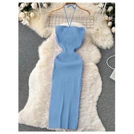 Milumia Women's Cut Out Sleeveless Halter Dress Ribbed Knit Split Thigh Midi Sweater Dresses Blue Medium