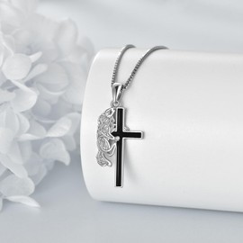 YAFEINI Cross Necklace Sterling Silver Wolf with Cross Pendant Necklace Celtic Knot Wolf Necklace Wolf Cross Jewellery Birthday Christmas Gifts for Women Men