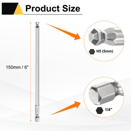 sourcing map 5pcs Ball End Hex Screwdriver Bit H5 (5mm) Head 1/4" Hex Shank 150mm (6") Long Magnetic S2 Steel Metric Screw Driver Drill Bit Wrench Socket Power Tool