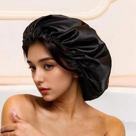 Waterproof Fabric Shower Hair Cap for Sauna, Spa, & Makeup - Dot Pattern 01. Black
