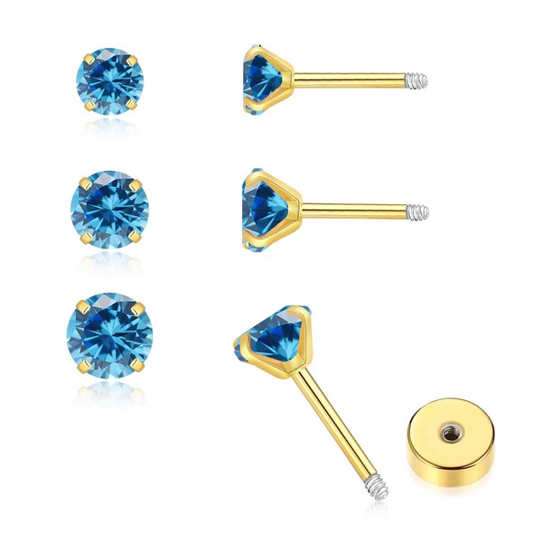 3Pairs CZ Stud Flat Screw Back Earring Studs for Women,